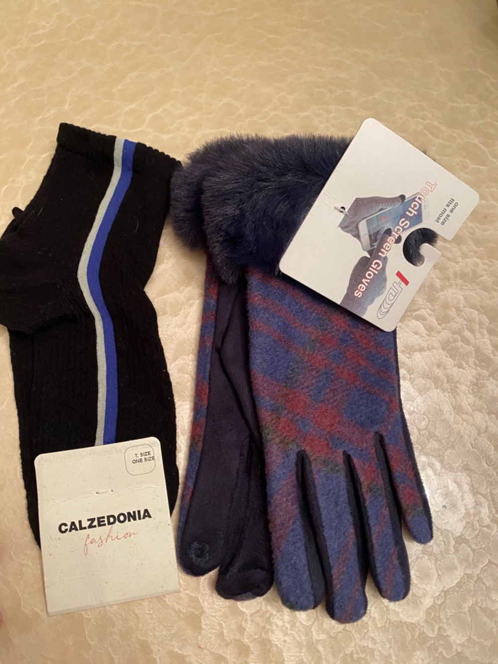 Women's Plaid Navy & Burgundy Touchscreen Gloves with Faux Fur Cuff and socks